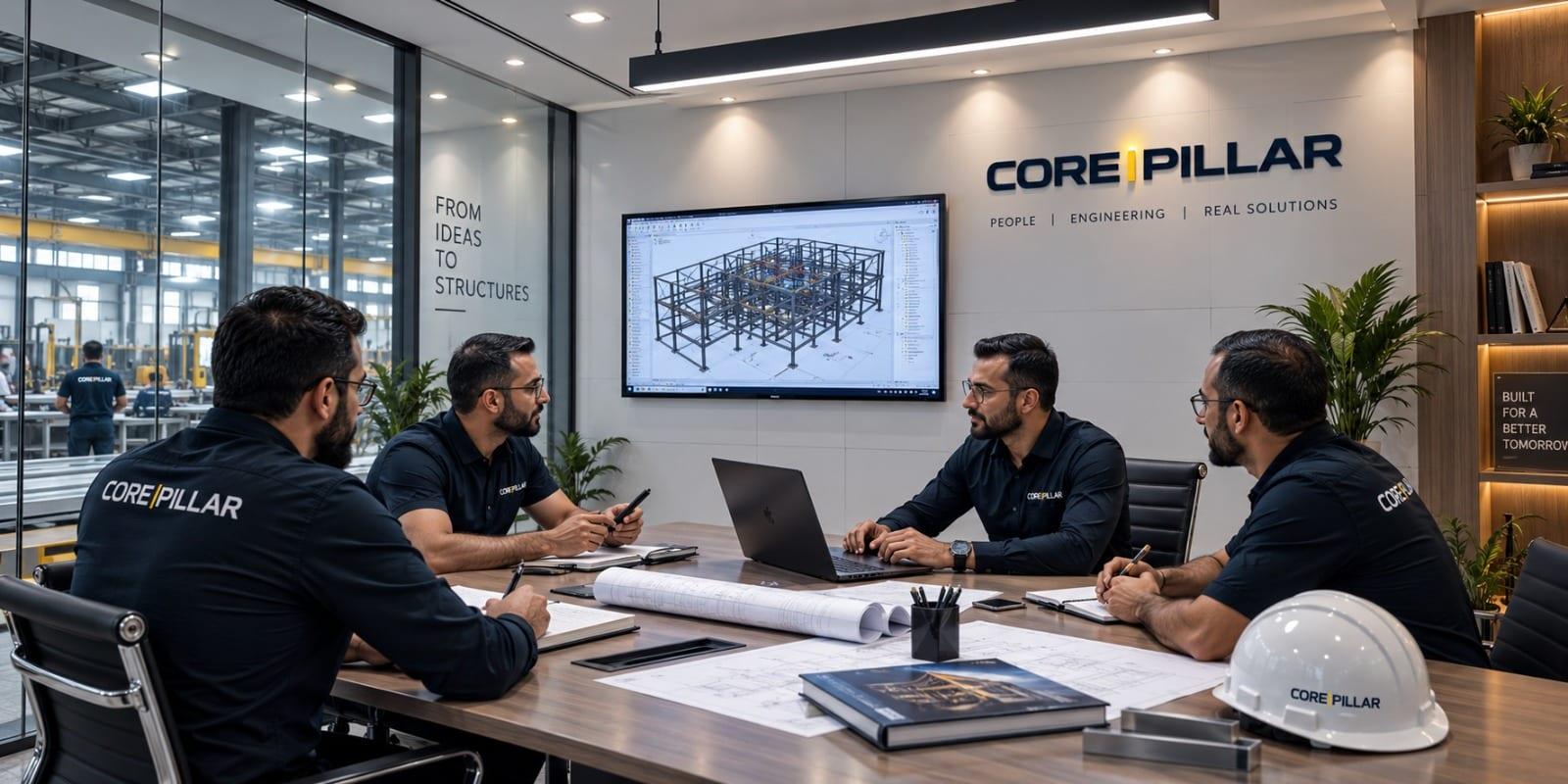 The CORE | PILLAR team reviewing a structural model in the office.