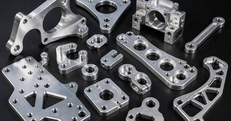 Machined custom steel components laid out on a dark surface.