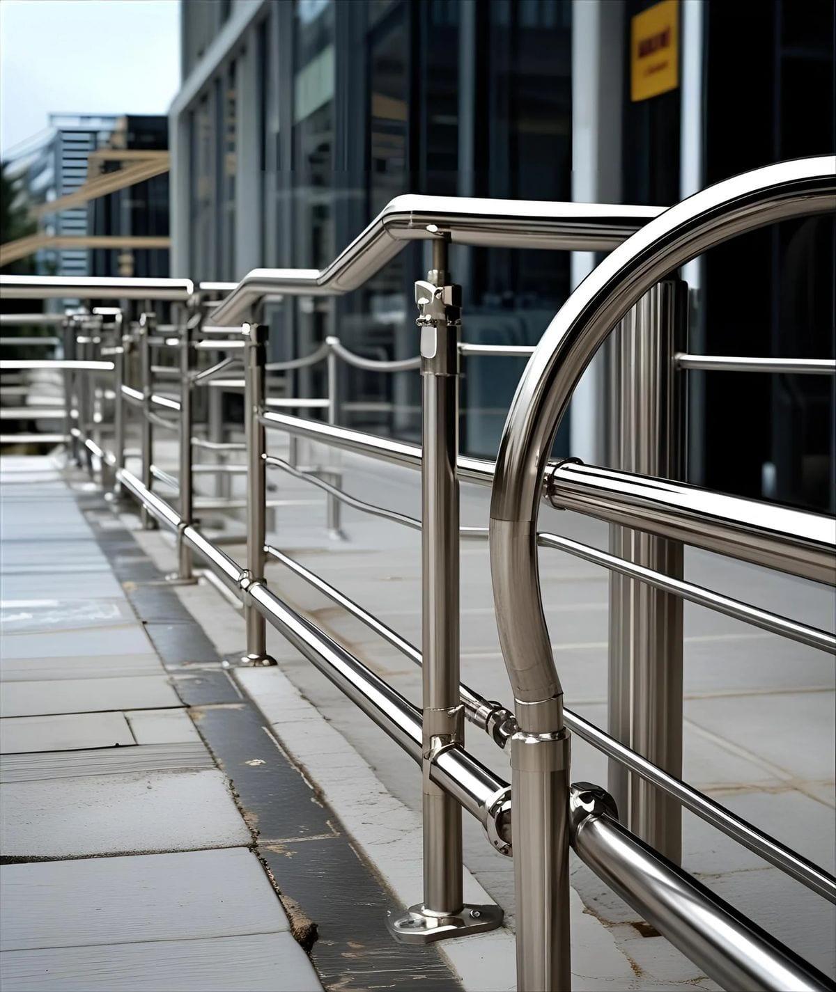 Polished stainless handrails running along a building frontage.
