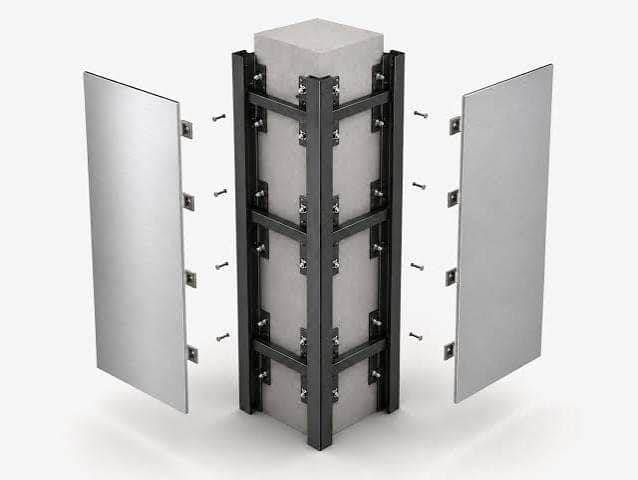 Metal cladding panels assembling around a column.