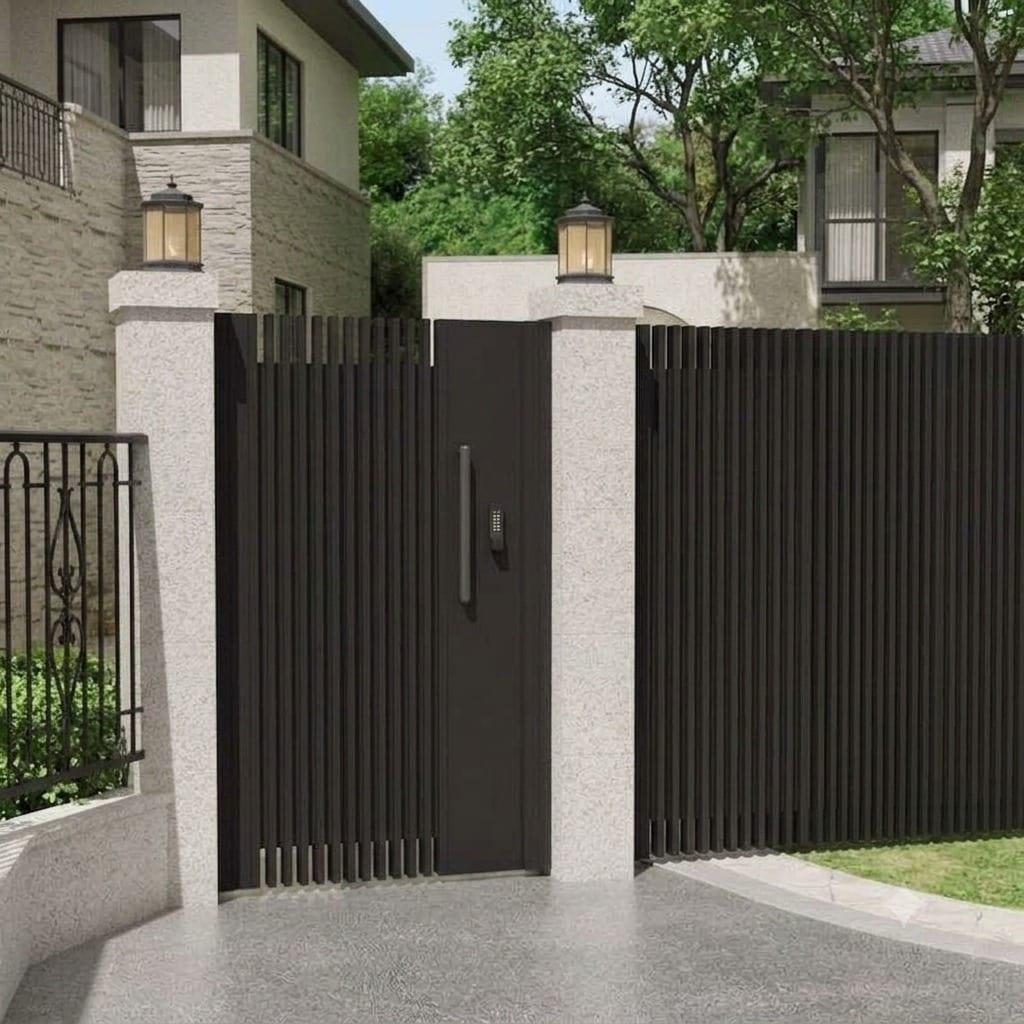 A dark metal slat gate set between stone piers.