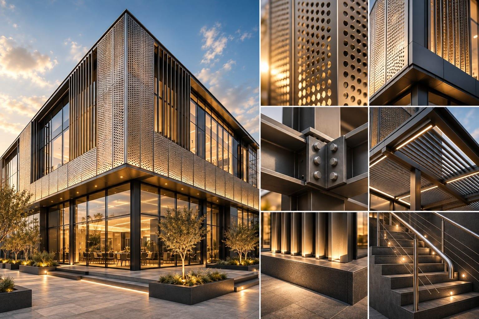 A perforated metal facade lit from within at dusk.