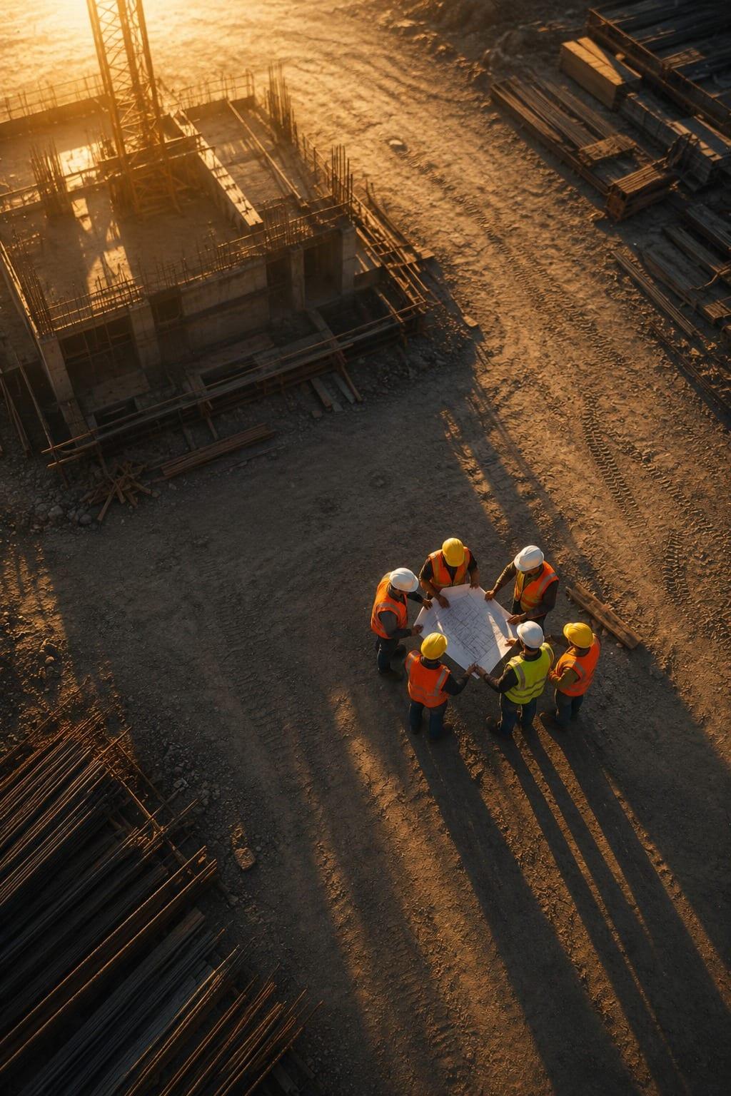 A site team gathered over drawings, seen from above at sunset.