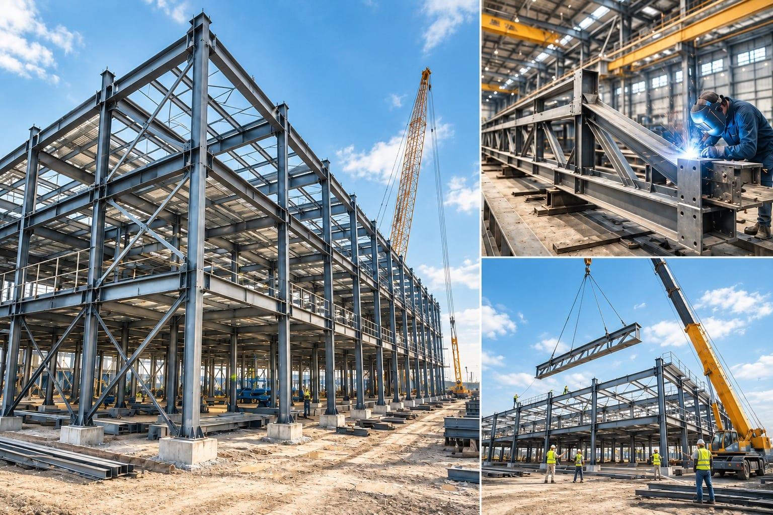 A steel frame being erected, with welding and lifting under way.